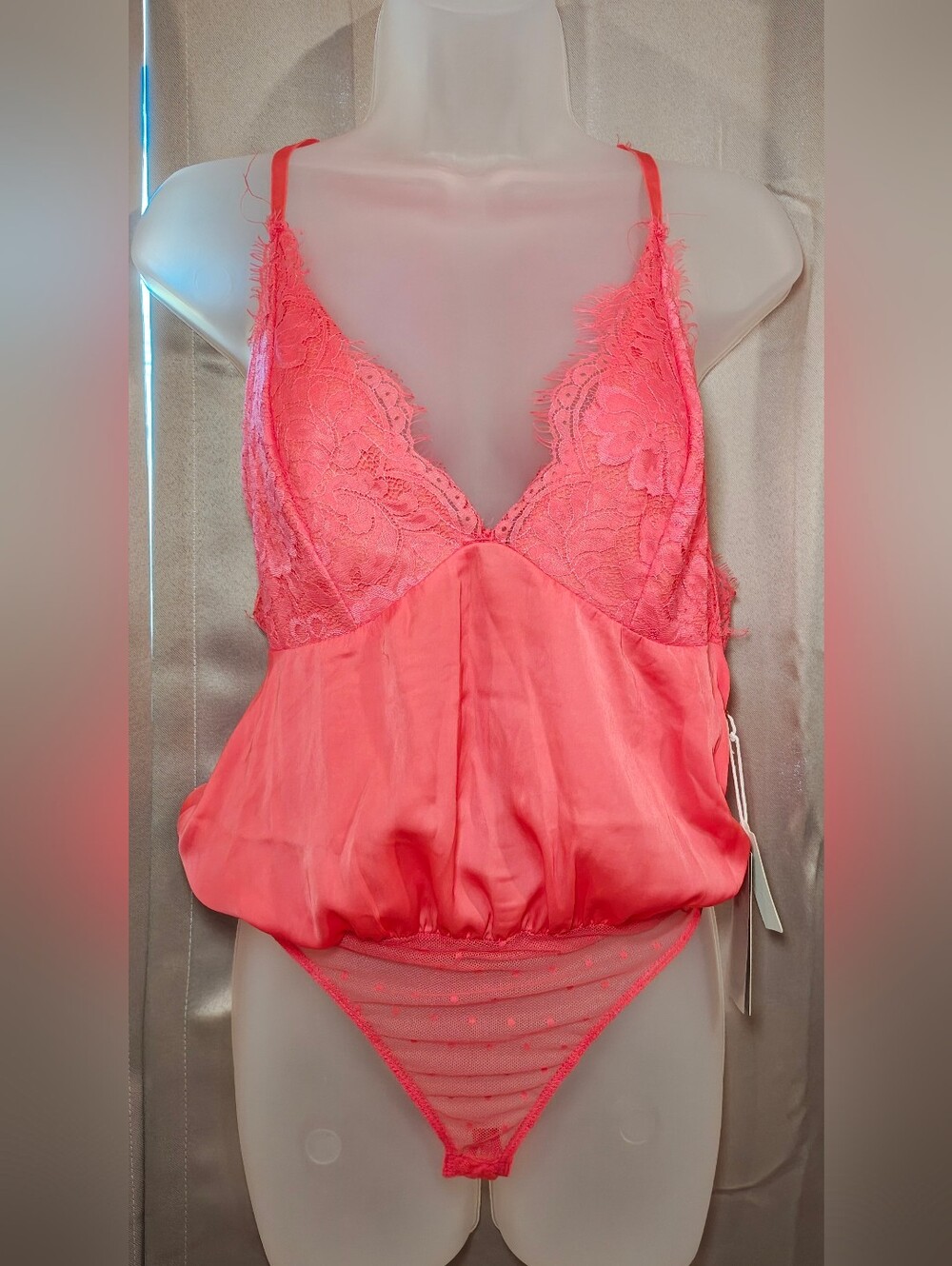 ✨ NWT Melograno Rico Pink Coral Satin & Lace Thong Lingerie Teddy 🧸 Bodysuit  ✨